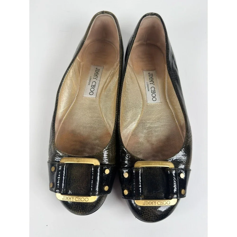 Jimmy Choo Black Olive Morse Buckle Ballet Flats Size EU 36.5 US 6.5